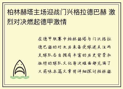 柏林赫塔主场迎战门兴格拉德巴赫 激烈对决燃起德甲激情