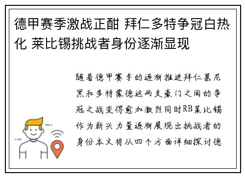 德甲赛季激战正酣 拜仁多特争冠白热化 莱比锡挑战者身份逐渐显现